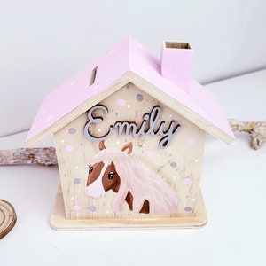 Money box horse with name and dates of birth available/ money box house/ money box child/ money box horse/ girl gift/ gift girl