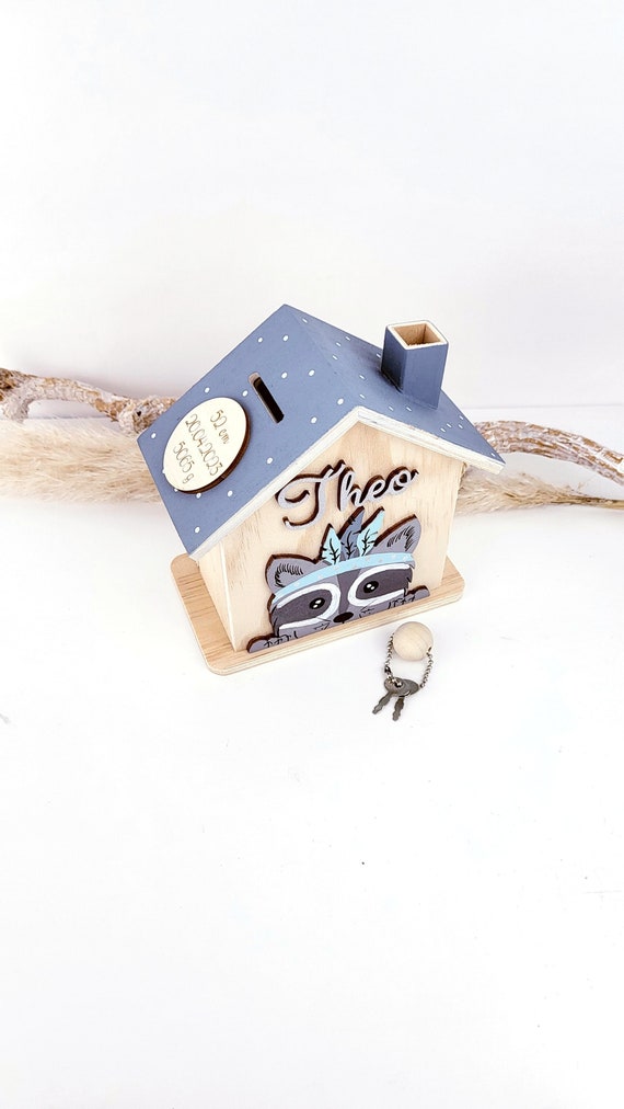 Spardose Waschbär personalisiert, Spardose Junge, Geburtsgeschenk Junge, Spardose mit Name, Babygeschenk personalisiert, Spardose Waldtiere