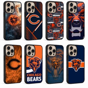 May include: Eight smartphone cases featuring Chicago Bears branding, including team logos, bear head graphics, and orange, navy blue, and white color schemes. The designs incorporate flames, smoke, and geometric patterns on various protective covers.