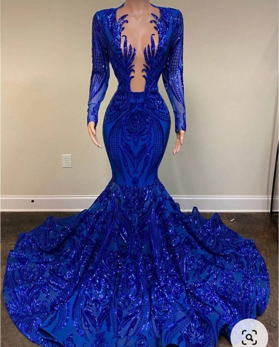 Floor length royal blue sequin lace prom dressAfrican mermaid image 1