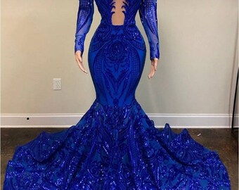 Floor length royal blue sequin lace prom dress,African mermaid prom dress,engagement gown,bridal dress,mermaid sequin dress wedding receptio