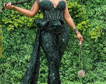 Bottle green corset luxury jumpsuit,wedding jumpsuit dress, prom jumpsuit dress,jumpsuit and rompers,African prom jumpsuit