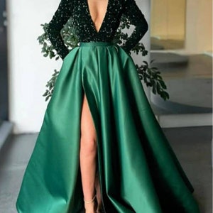 Green deep v neck with long sleeve dress,African prom dress,African wedding dress,African mermaid prom dress,African clothing for women