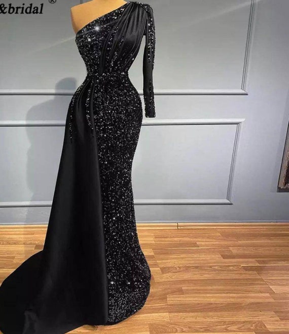 Floor Length Black Sequin Prom Dressengagement Gowndashiki - Etsy