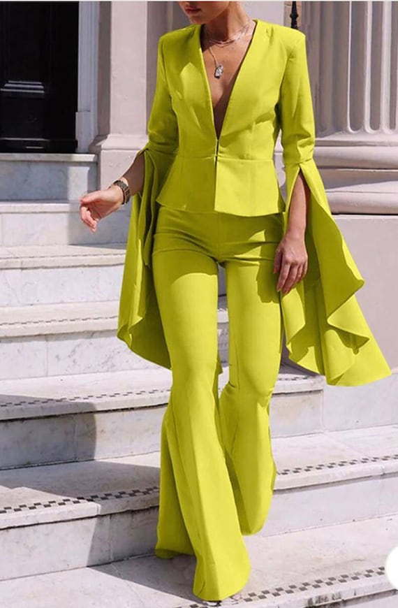 Bell Sleeve Statement Blazerflared Pant Two-piece Suit - Etsy