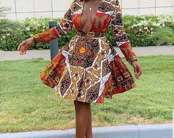 Midikleid mit afrikanischem Print, Sommerkleid, Ankara-Kleidung für Frauen, Ankara-Skaterkleid, afrikanisches Minikleid für Frauen, Partykleid, Dashiki-Kleid