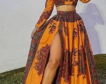 African dress set,African clothing for women,Ankara crop top and maxi skirt with slit,African maxi skirt and crop,Party dress