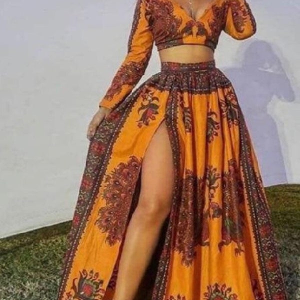 Ensemble robe africaine, vêtements africains pour femmes, haut court Ankara et jupe longue avec fente, jupe longue africaine et courte, robe de soirée