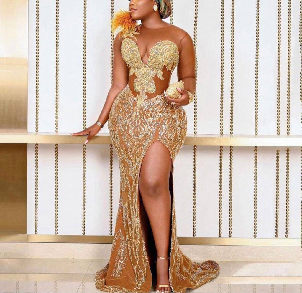 Gold Rhinestone Mermaid See Through Prom Dresses With Beading, MP380