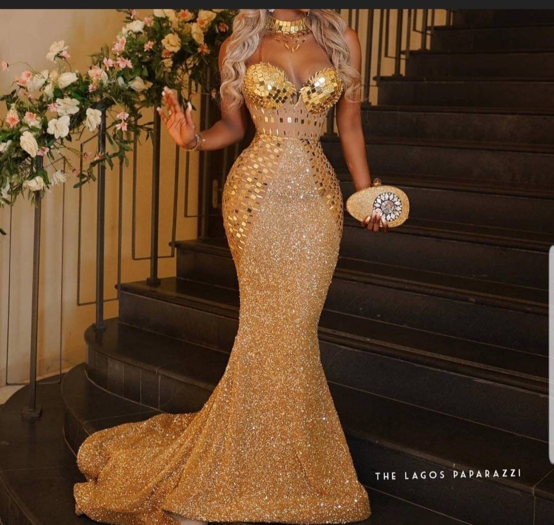 Gold Sequin Lace and Appliqué Dress, Elegant Prom Dress, Gold Evening  Dress, Wedding Reception Dress, African Lace Evening Gown, 