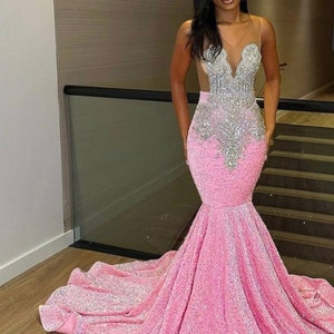 Floor length pink velvet sequin prom dress,African mermaid prom dress,engagement gown,bridal dress,mermaid sequin dress wedding reception image 1