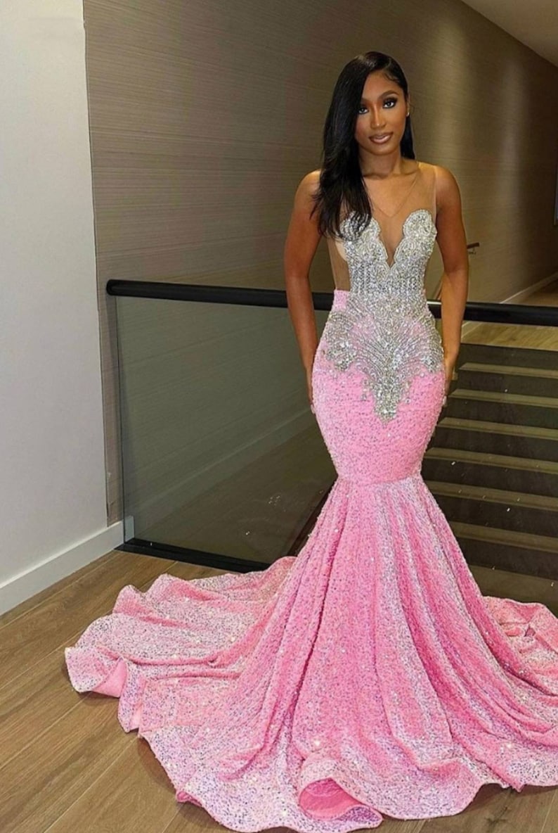 Floor length pink velvet sequin prom dress,African mermaid prom dress,engagement gown,bridal dress,mermaid sequin dress wedding reception image 1