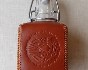 Glass bottle with  porcelain swing top, covered in veg tan genuine leather, cowhide leather, with embossed pattern, Unique gift for men