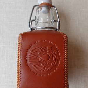 Glass bottle with  porcelain swing top, covered in veg tan genuine leather, cowhide leather, with embossed pattern, Unique gift for men
