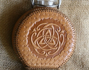 Glass bottle with  porcelain swing top, covered in veg tan genuine leather, cowhide leather, with embossed pattern, Unique gift for men