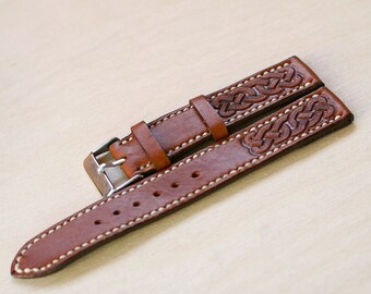 Handmade leather watch strap  with embossed celtic braid pattern (18mm ,20 mm or 22 mm), Natural Leather Watch Band, Unique gift for men