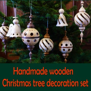 Christmas tree ornaments, 7 pcs, ash, cherry and walnut wooden, Hand Turned, Handmade Wooden Xmas decoration ornaments, Handmade wooden gift