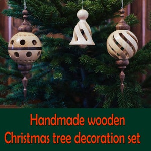 Christmas tree ornaments, 3 pcs , ash and walnut wooden, Hand Turned, Handmade Wooden Xmas decoration ornaments, Handmade wooden Xmas gift