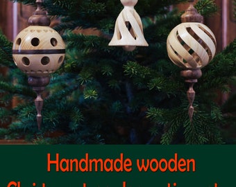 Christmas tree ornaments, 3 pcs , ash and walnut wooden, Hand Turned, Handmade Wooden Xmas decoration ornaments, Handmade wooden Xmas gift