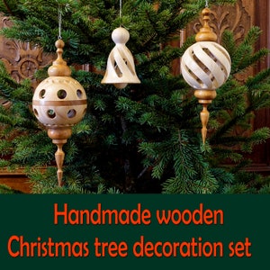 Christmas tree ornaments, 3 pcs , ash and cherry wooden, Hand Turned, Handmade Wooden Xmas decoration ornaments, Handmade wooden Xmas gift