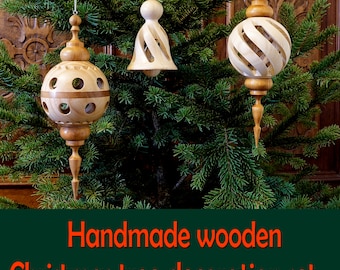 Christmas tree ornaments, 3 pcs , ash and cherry wooden, Hand Turned, Handmade Wooden Xmas decoration ornaments, Handmade wooden Xmas gift