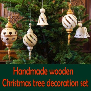 Christmas tree ornaments, 5 pcs , ash and cherry wooden, Hand Turned, Handmade Wooden Xmas decoration ornaments, Handmade wooden Xmas gift