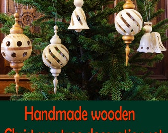 Christmas tree ornaments, 5 pcs , ash and cherry wooden, Hand Turned, Handmade Wooden Xmas decoration ornaments, Handmade wooden Xmas gift