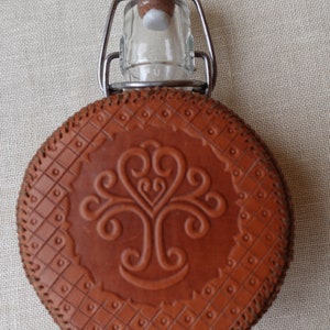 Glass bottle with  porcelain swing top, covered in veg tan genuine leather, cowhide leather, with embossed pattern, Unique gift for men