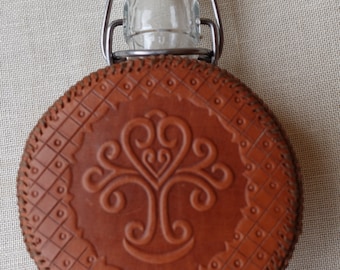 Glass bottle with  porcelain swing top, covered in veg tan genuine leather, cowhide leather, with embossed pattern, Unique gift for men