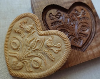 Hand Carved Wooden Gingerbread Mold: Heart-birds , No customs fees for USA buyers!