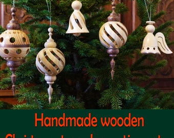 Christmas tree ornaments, 5 pcs , ash and walnut wooden, Hand Turned, Handmade Wooden Xmas decoration ornaments, Handmade wooden Xmas gift