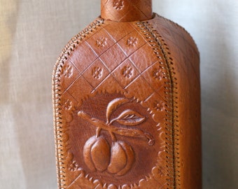 Glass bottle covered in veg tan genuine leather, cowhide leather, with embossed pattern, Unique gift for men