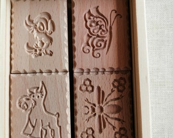 4pcs Cookie stamps in a wooden box, biscuit, springerle, spekulatius wooden molds-animal patterns