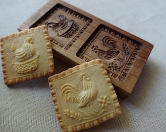 Gingerbread mold, Honey cake mold, springerle, spekulatius wooden mold, hand carved (hen and rooster)