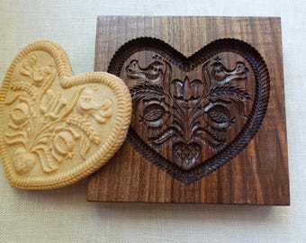 Hand Carved Wooden Gingerbread Mold: Heart-pomegranate , No customs fees for USA buyers!