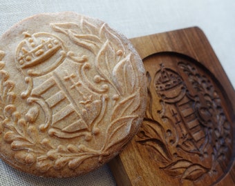 Gingerbread mold, Honey cake mold, springerle, spekulatius wooden mold, hand carved, Hungarian coat of arms with olive branch and oak branch