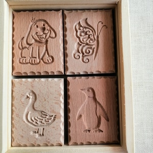 4pcs Cookie stamps in a wooden box, biscuit, springerle, spekulatius wooden molds-animals pattern