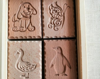 4pcs Cookie stamps in a wooden box, biscuit, springerle, spekulatius wooden molds-animals pattern