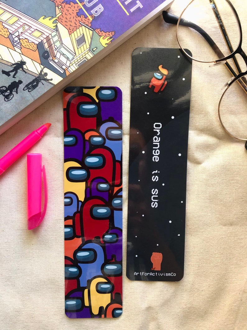 among us bookmark orange is sus saying gift for gamers and