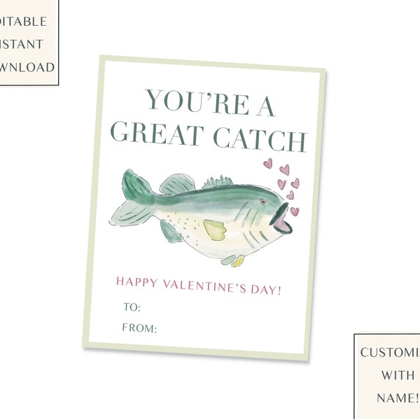 Valentine Cards, Classroom Valentine Cards, Fish Valentine, Great Catch Valentine Card, Printable, Instant Download, Digital File