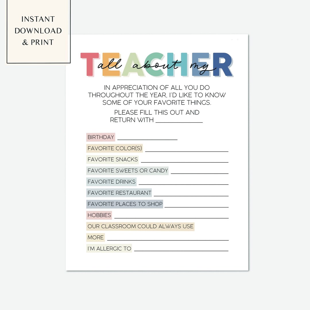 Teacher Gift Questionnaire Back to School Teacher Printable Instant Download Questionnaire for