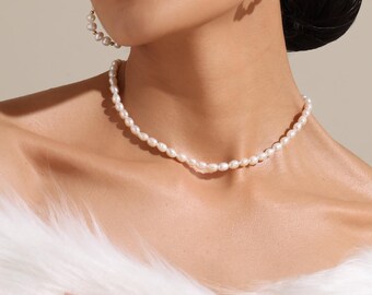 Collier de perles de clavicule de PERLES NATURELLES, perle d'eau douce plaquée or 18 carats