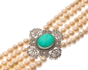 Ensemble ras de cou perlé vert royal | Perle d'eau douce | Boucles d'oreilles | Bijoux en acier inoxydable