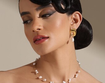 Collier de perles élégant - Perles d'eau douce, acier plaqué or 18 carats