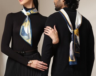 Écharpe en pure soie à imprimé cheval pour homme et femme - Accessoire de mode de luxe léger pour le travail, les voyages et les tenues de soirée