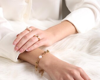 Ensemble de bracelets polyvalents | Perle d'eau douce | Plaqué or 18 carats | Acier inoxydable
