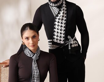 Écharpe en soie pied-de-poule pour femme et homme - Motif classique, accessoire de luxe léger pour les tenues de travail, de voyage, décontractées ou de soirée