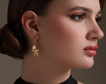 Boucles d'oreilles étoile océanique | Perle d'eau douce | Acier inoxydable plaqué or 18 carats
