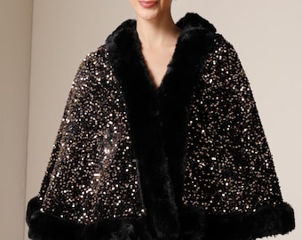 Cape de fourrure végétalienne de luxe Midnight Dusala - Paillettes dorées rehaussées à la main, vêtements d'extérieur élégants et stylés pour femme