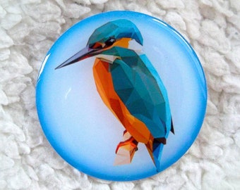 Blue KINGFISHER crystal resin round BROOCH, Blue kingfisher pin, Kingfisher POLYGONAL Brooch, Bird Brooch, Kingfisher Polygons Brooch
